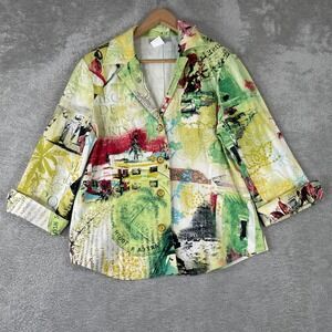 Sharon Young Blazer Jacket Womens 14 Green Novelty Artsy Eclectic Button Front